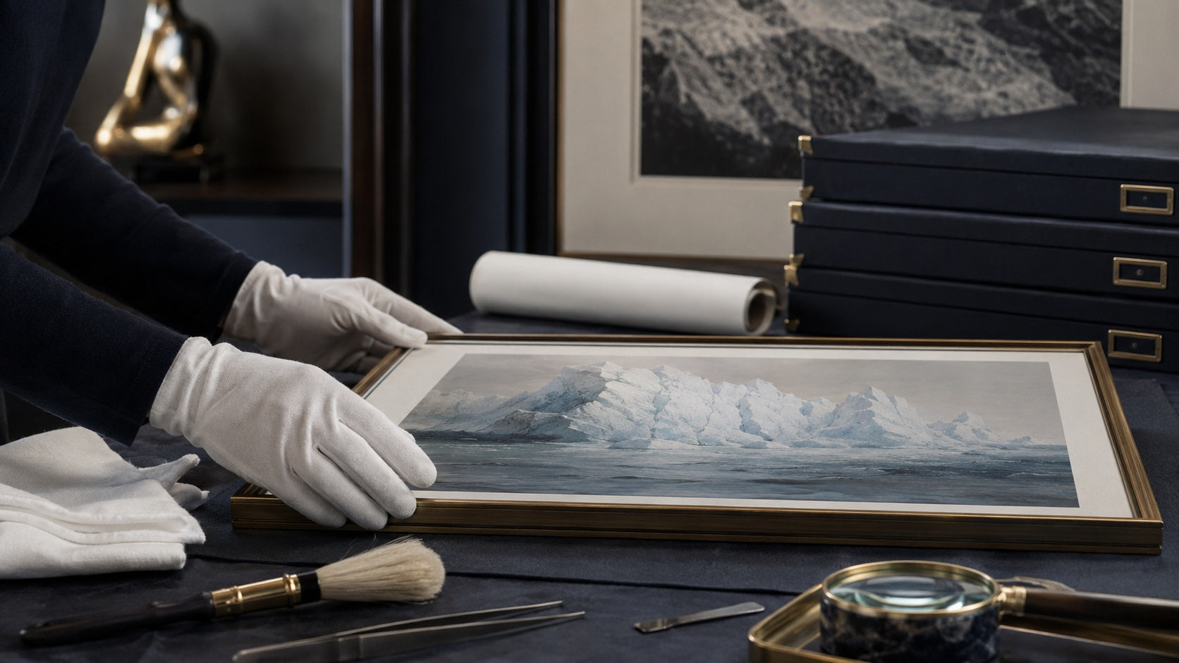 Framed artworks displayed on a gallery wall with controlled museum lighting