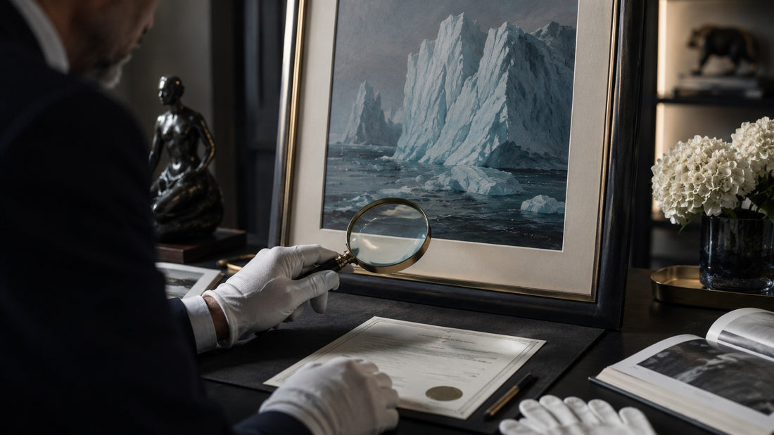 Specialist examining the back of a framed painting for labels and provenance marks