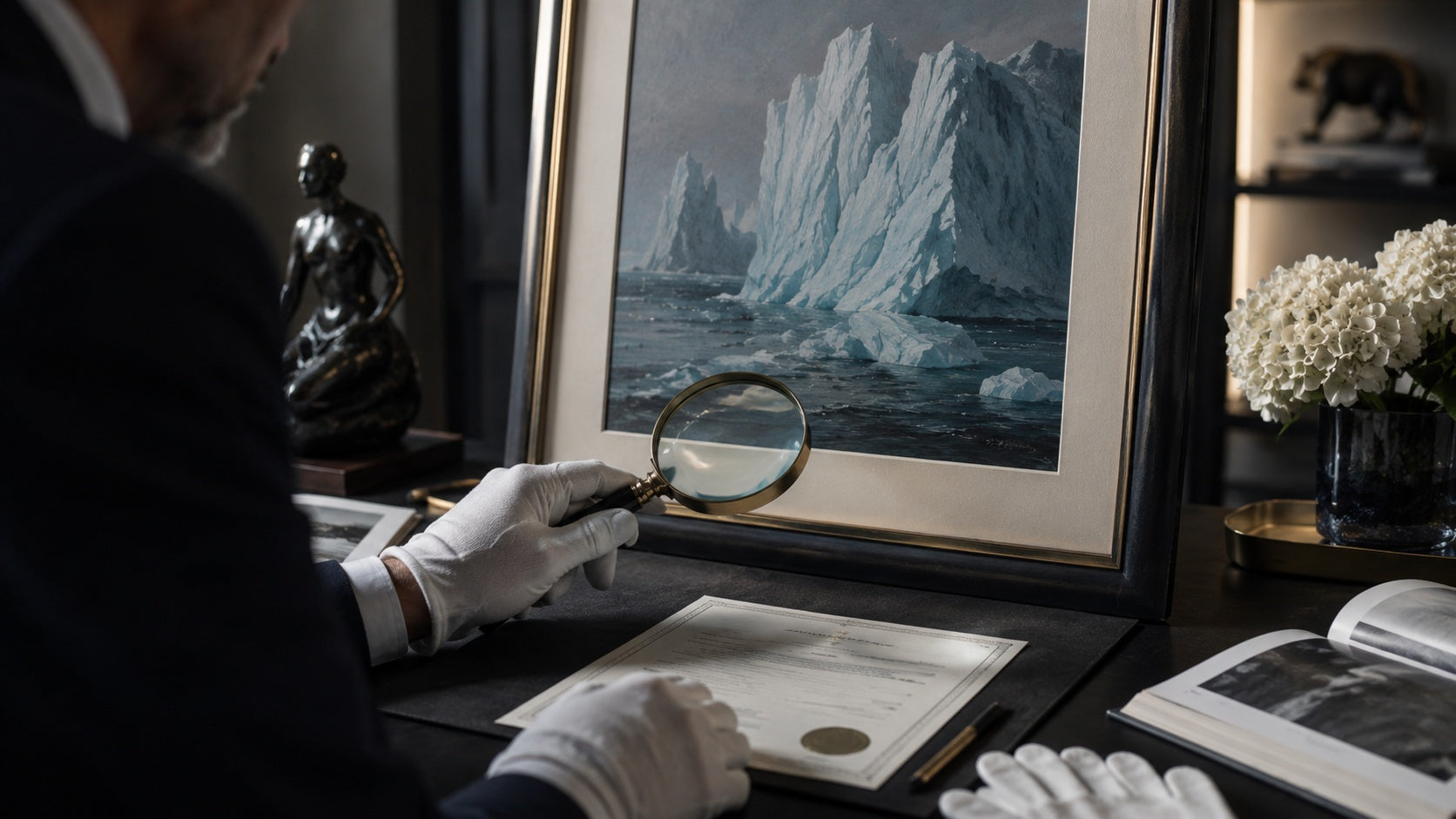 Specialist examining the back of a framed painting for labels and provenance marks