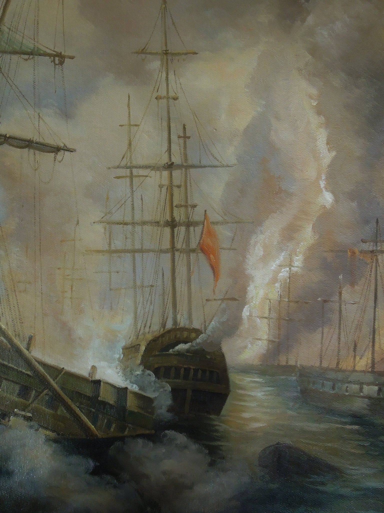 Original Oil Painting Rough Sea Battle
