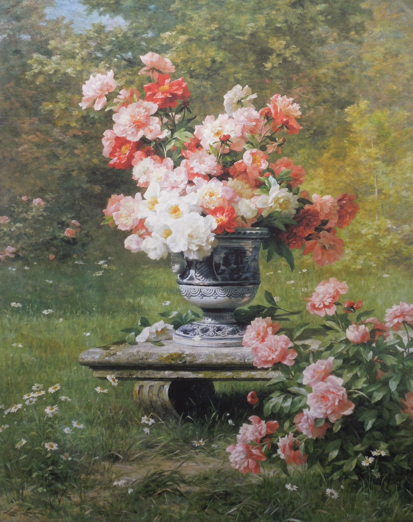 Louis Marie Lemaire - Peonies In An Urn In A Garden