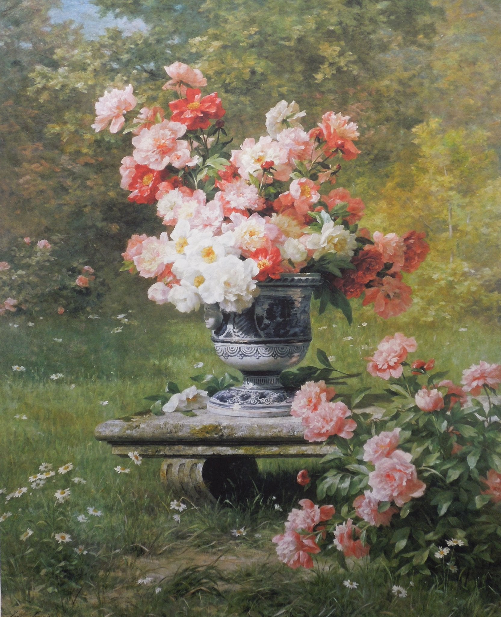 Louis Marie Lemaire - Peonies In An Urn In A Garden