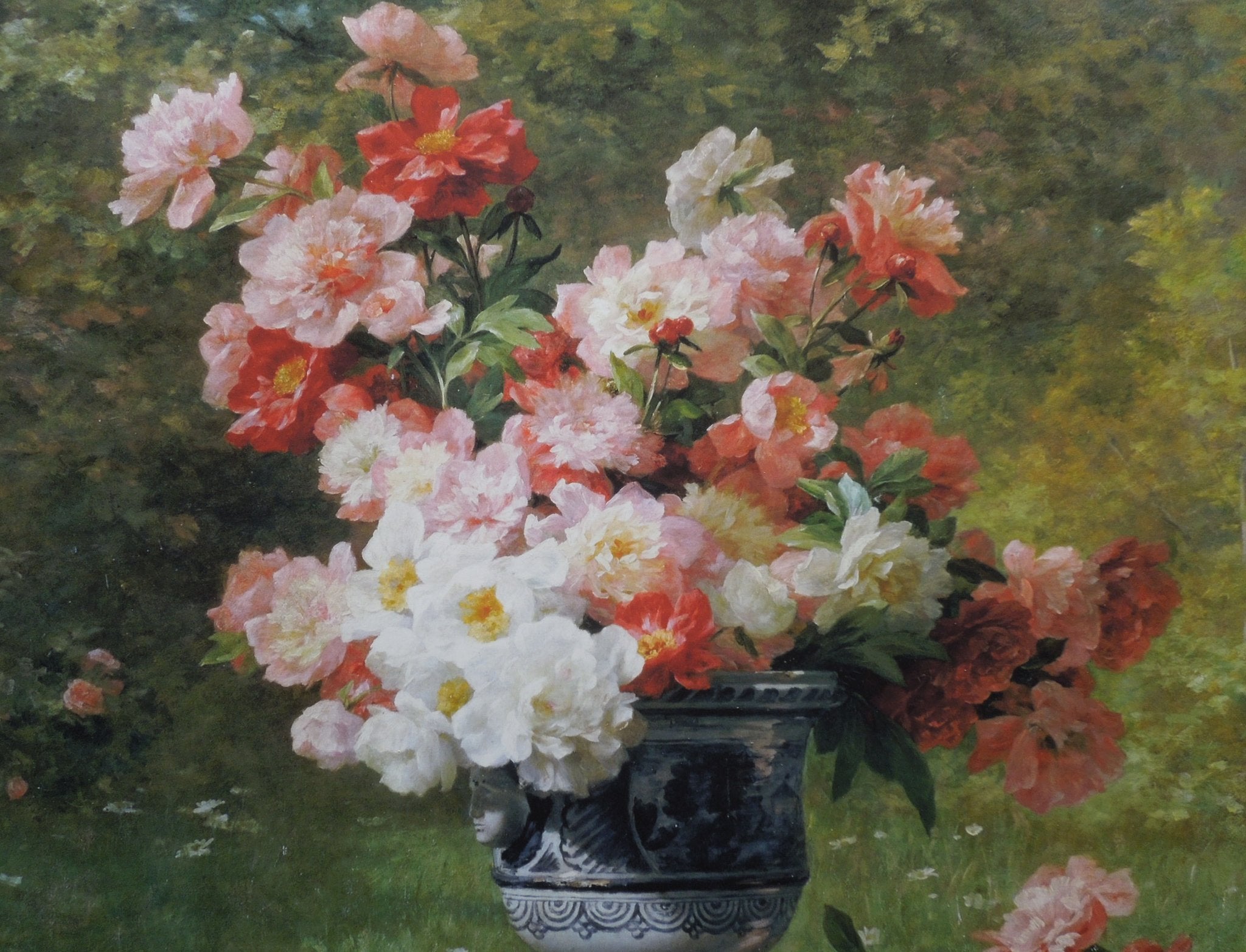 Louis Marie Lemaire - Peonies In An Urn In A Garden
